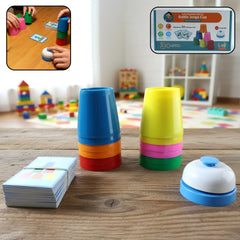 Cup Stacking Battle Challenge Game Set with colorful cups and bell