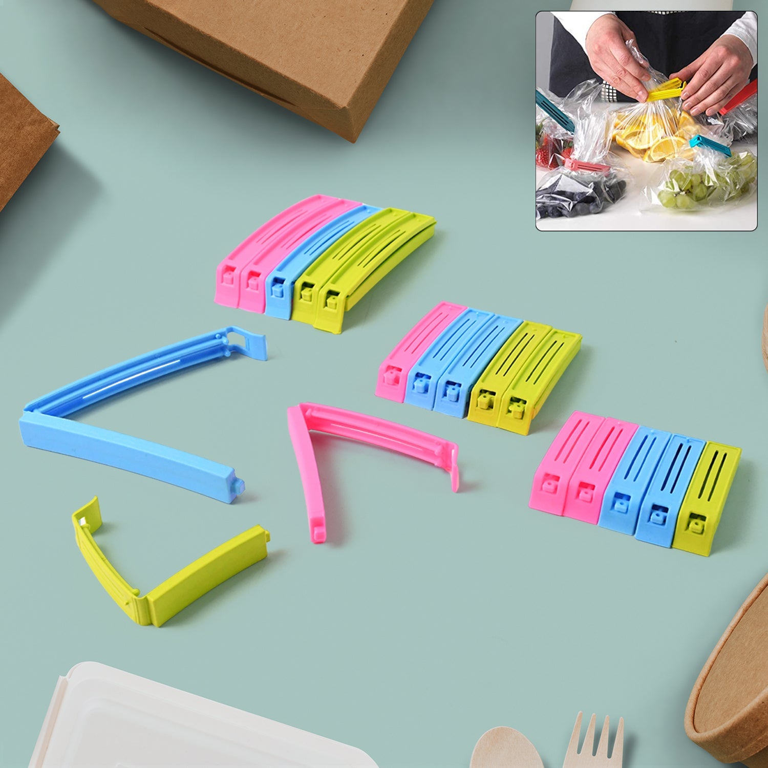 18-piece plastic bag sealing clip set in assorted colors