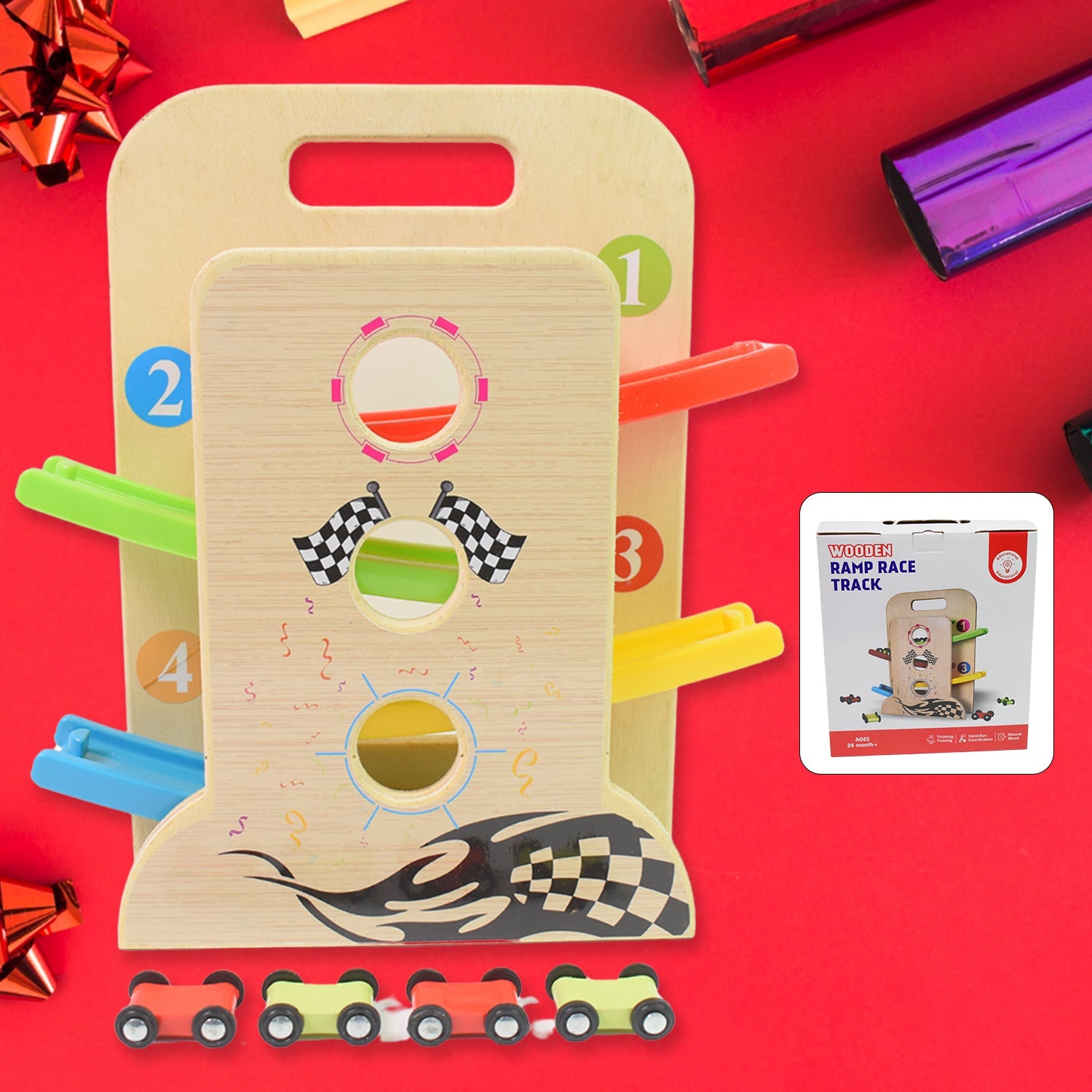 Wooden Ramp Racer Playset with four colorful mini cars and handle