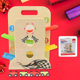 Wooden Ramp Racer Playset with four colorful mini cars and handle