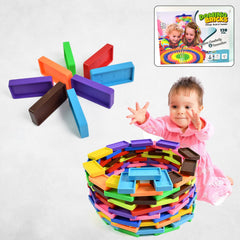 Kids setting up colorful wooden domino blocks in a line