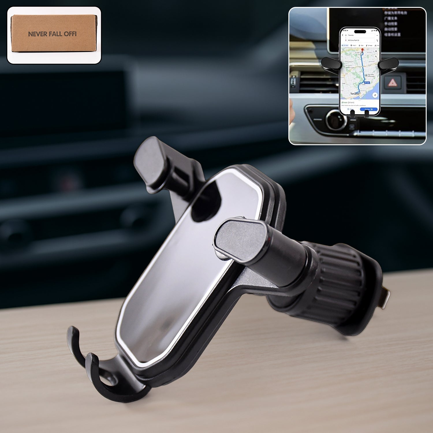 Car phone holder mounted on air vent, side view