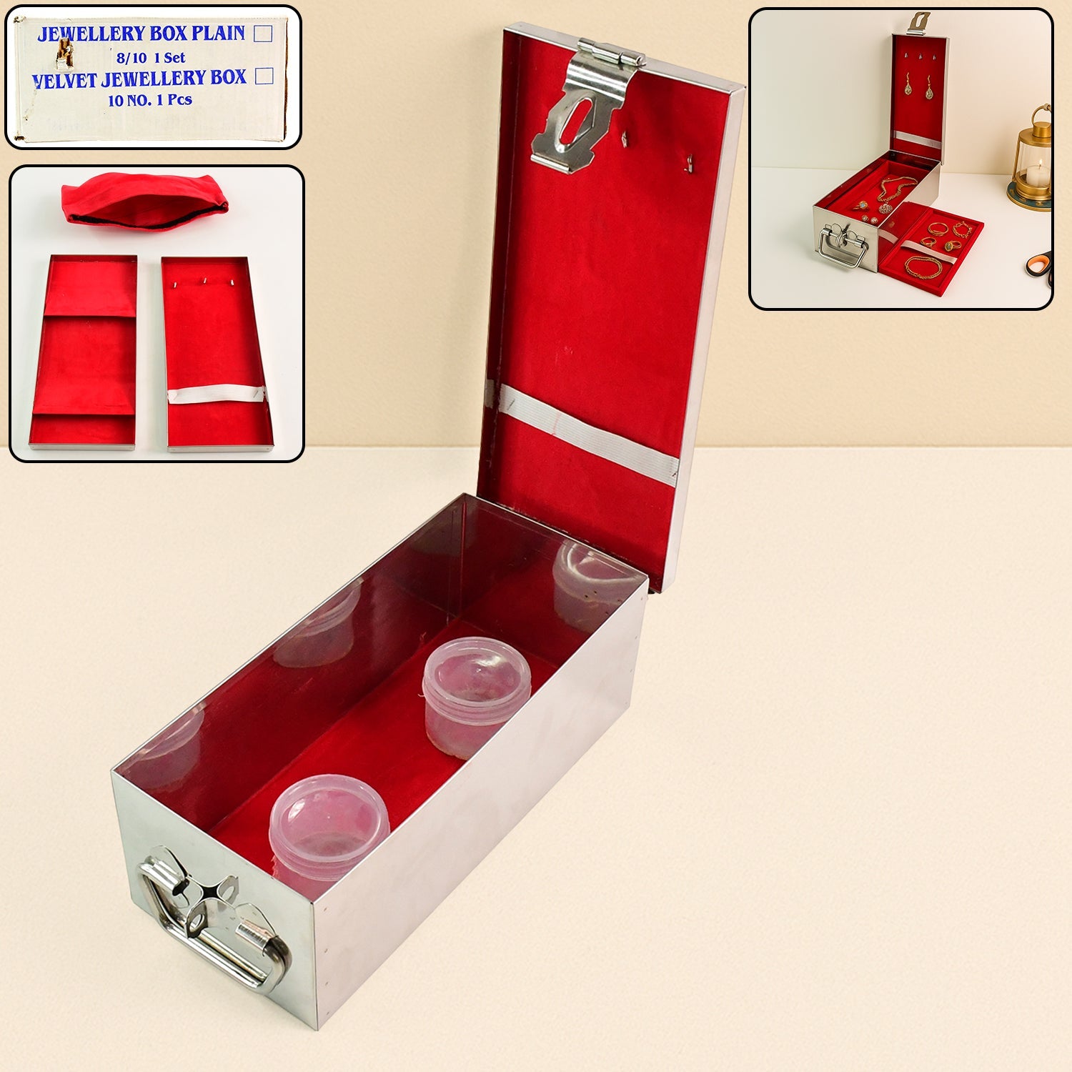 Premium stainless steel velvet-lined jewellery box with lock and red interior India