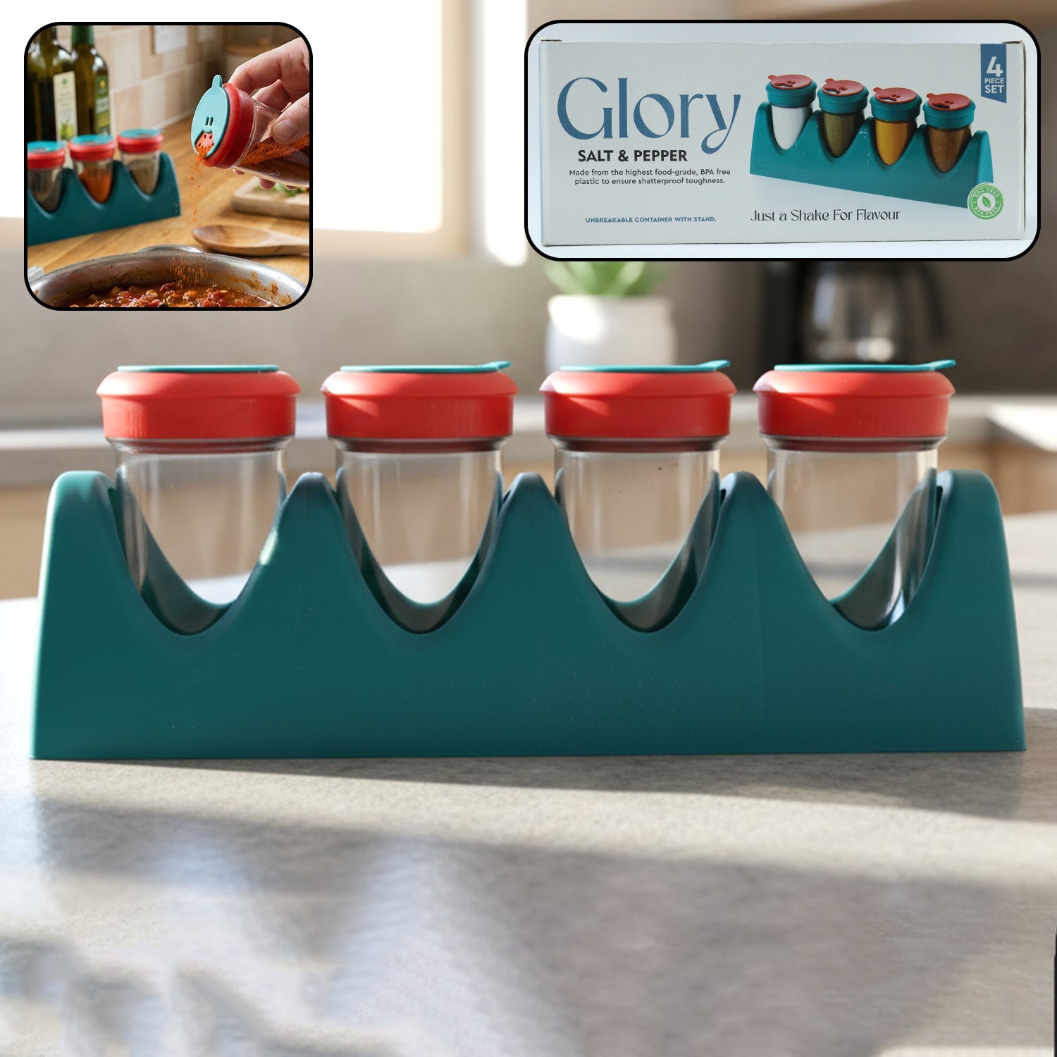4-in-1 multipurpose spice shaker set with stand