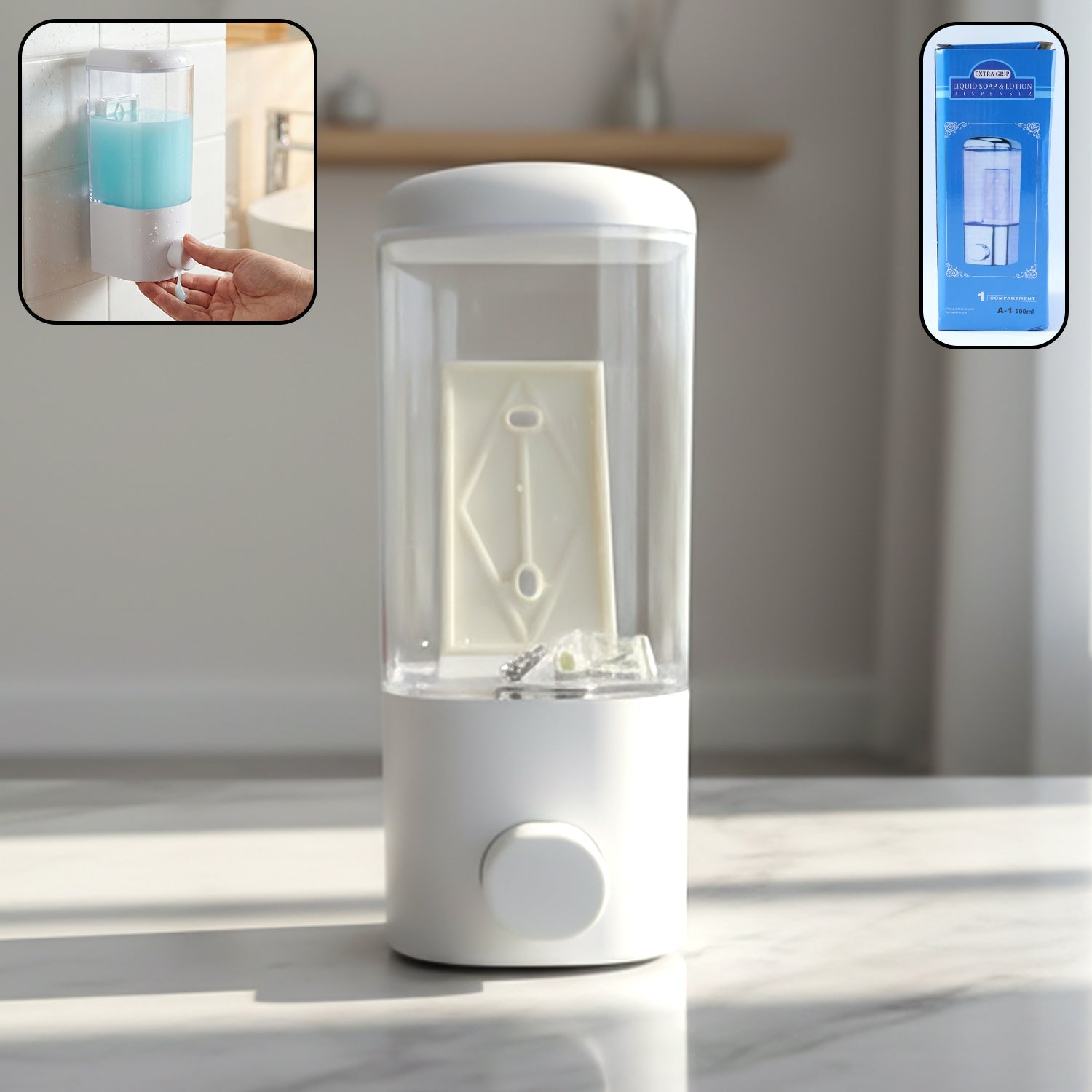 Wall mount liquid soap dispenser with transparent container