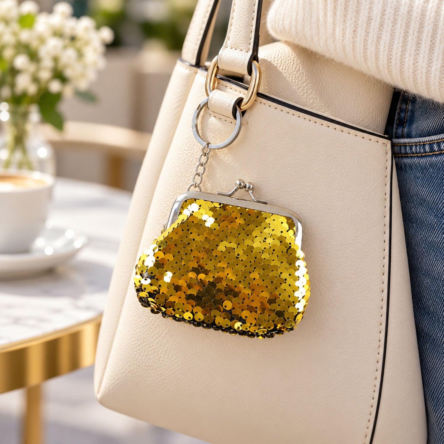 A gold sequined coin purse keychain hangs from a cream-colored handbag, with a blurred outdoor cafe background.