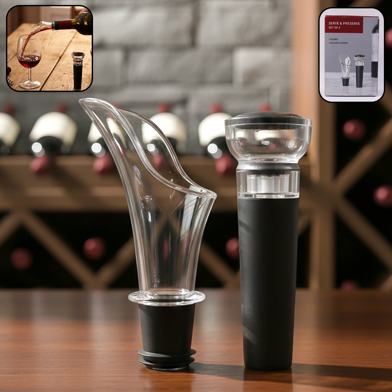 Premium wine pourer and vacuum stopper set combo