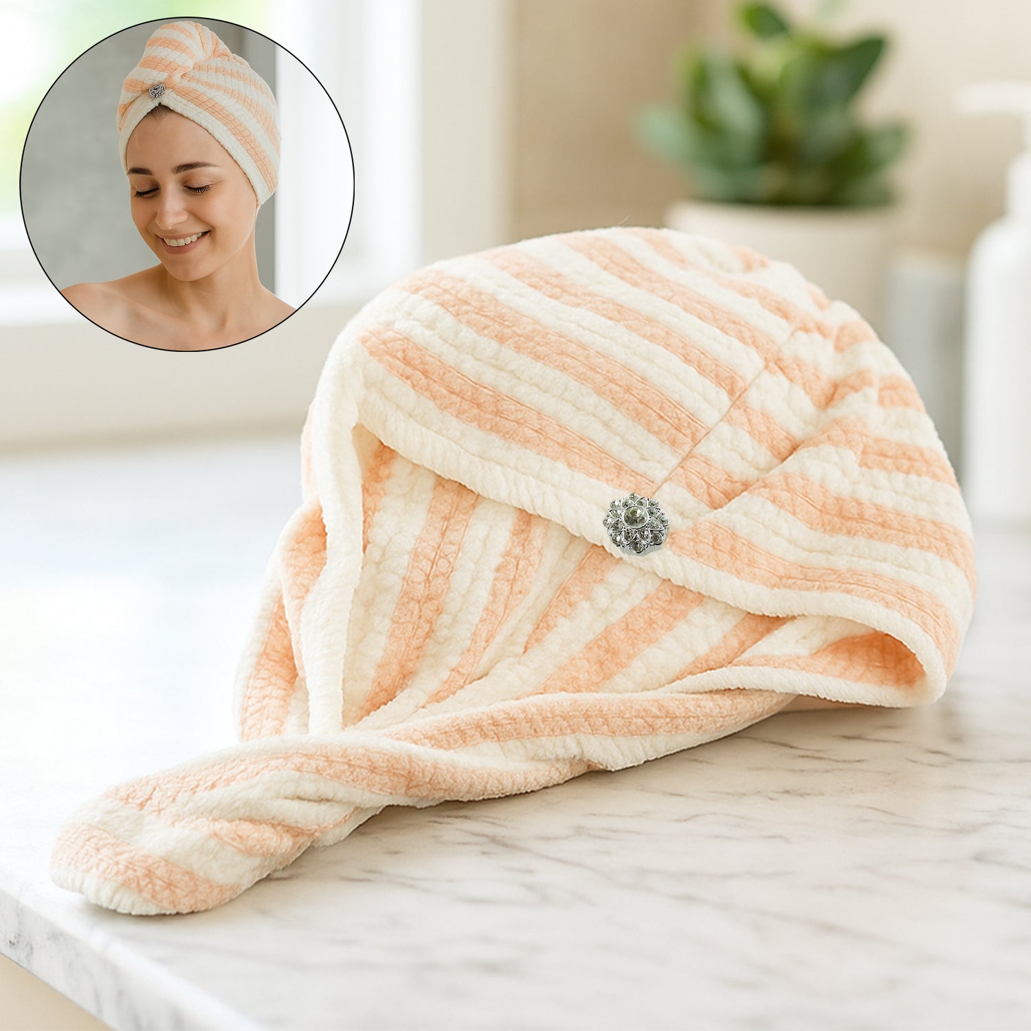 Soft microfiber hair drying towel wrap with teddy bear button