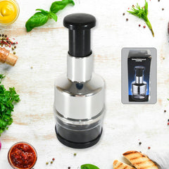 Close up of stainless steel blade on food chopper