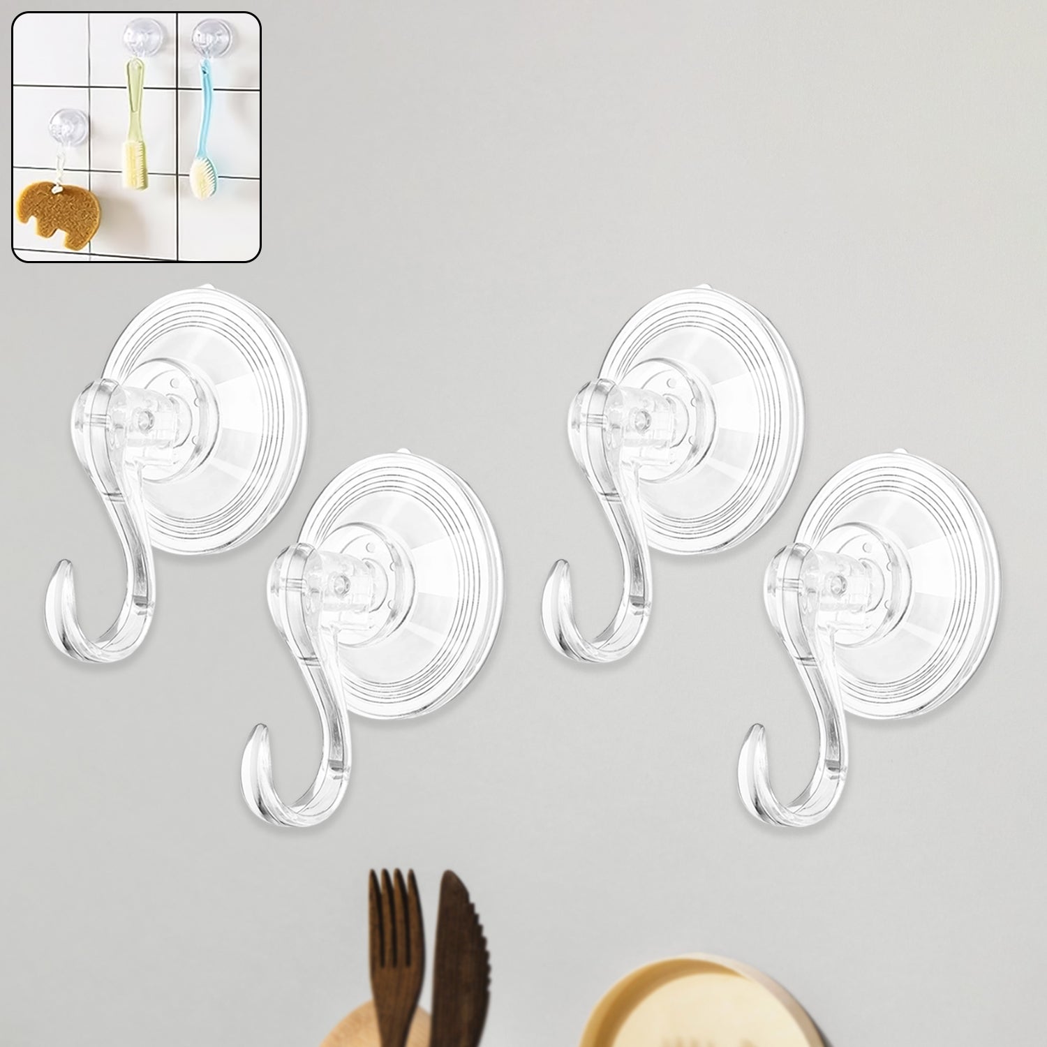 Plastic suction cup hooks holding items firmly on smooth surface
