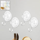 Plastic suction cup hooks holding items firmly on smooth surface