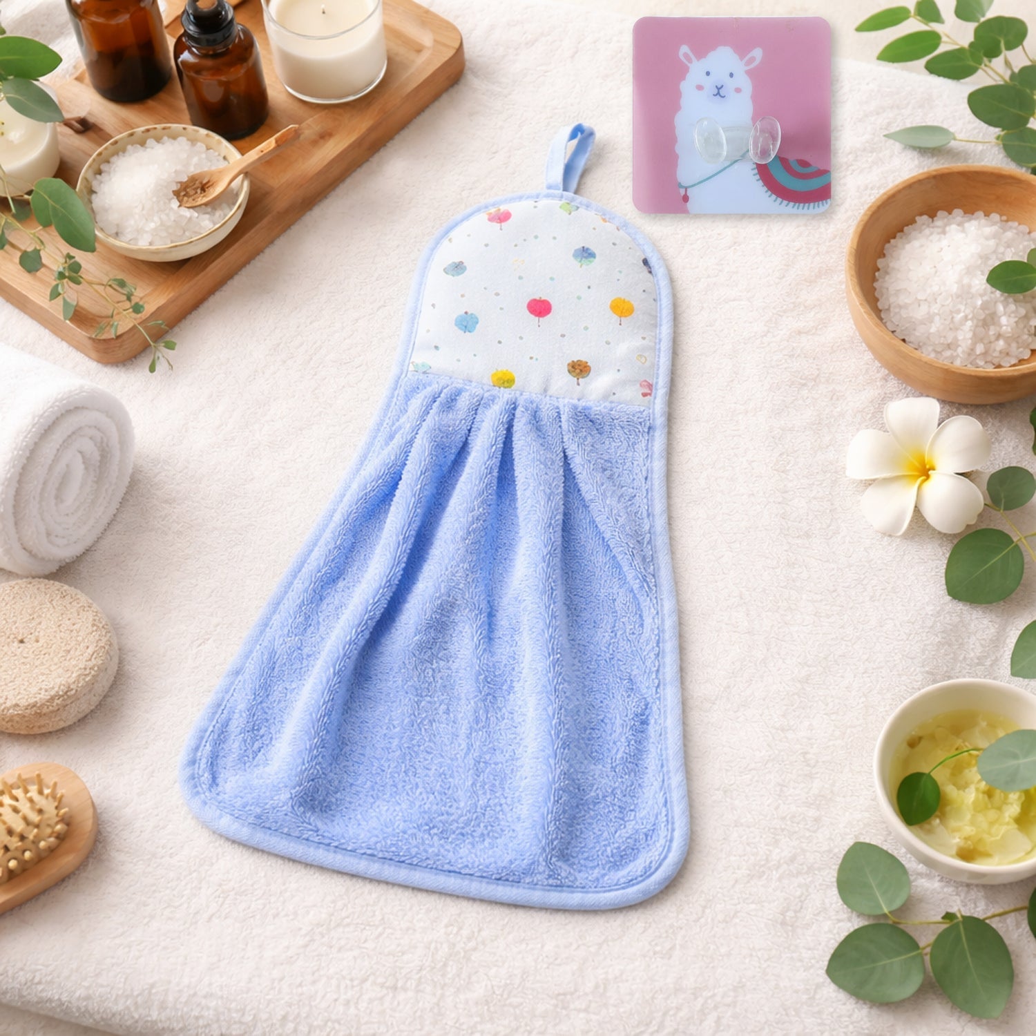 Soft microfiber hanging hand towel with self-adhesive wall hook