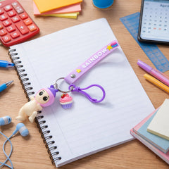 Cute Doll and Cupcake Keychain with Rainbow Strap Front View