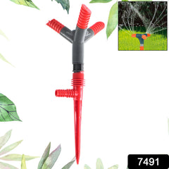 Side view of the efficient 3 arm rotating garden sprinkler with nozzles.