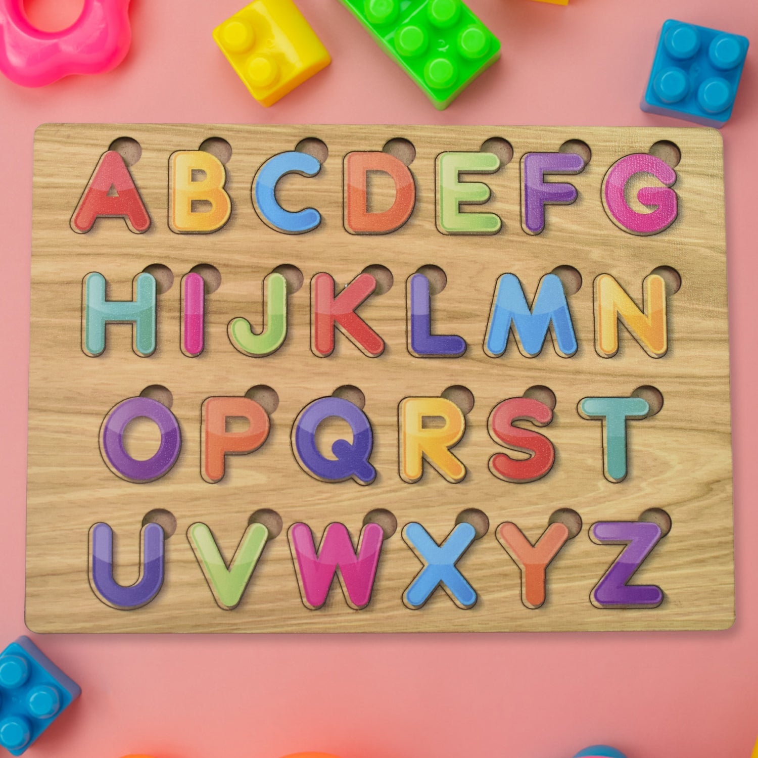 Wooden Alphabet Puzzle Board with ABC Letters and Shapes
