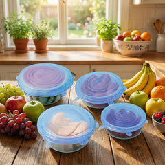 Reusable silicone stretch lids covering bowl and container