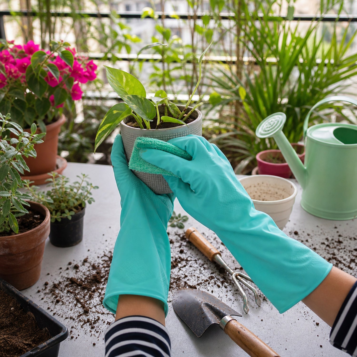 Large green rubber cleaning gloves