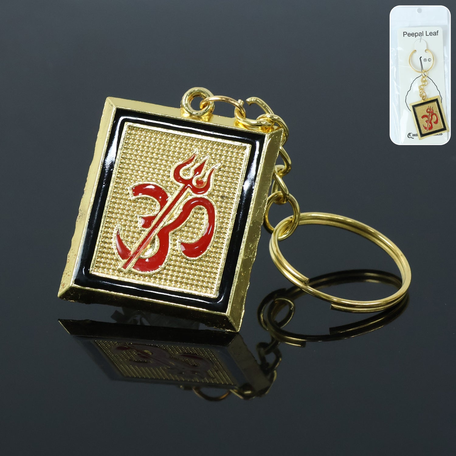 Om Trishul Symbol Golden Metal Keychain front view