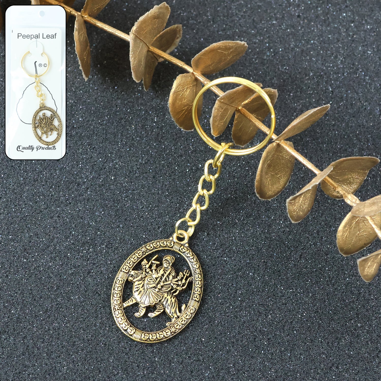 Maa Durga Golden Oval Frame Keychain