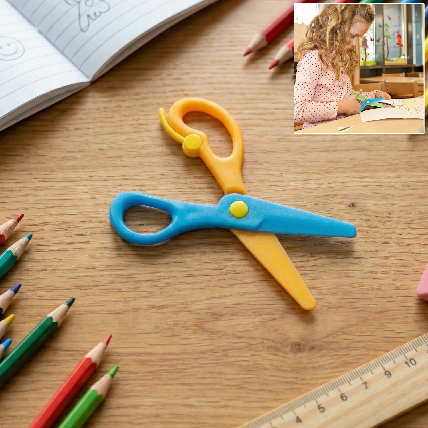 Child-safe plastic safety scissors with rounded tips