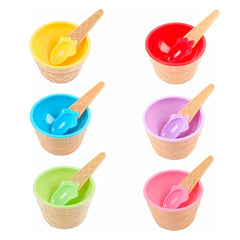 Set of six ice cream bowls with spoons displayed