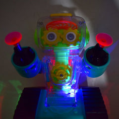 Transparent gear robot car with colorful internal gears visible