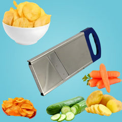 Potato slicer alongside sliced potatoes