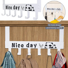 Panda over door hook rack holding various items like bags and coats