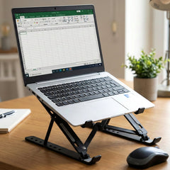 Side view of foldable tablet stand on desk