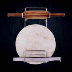 Stainless steel stand holding a wooden rolling pin