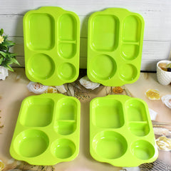 Angled view of a single 5-compartment plate showing depth