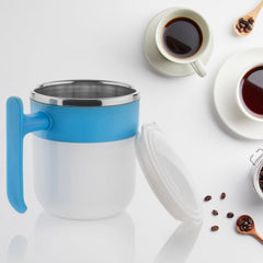 Side view of sleek stainless steel insulated mug.
