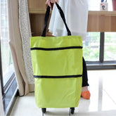 Foldable trolley shopping bag with wheels for travel and groceries.