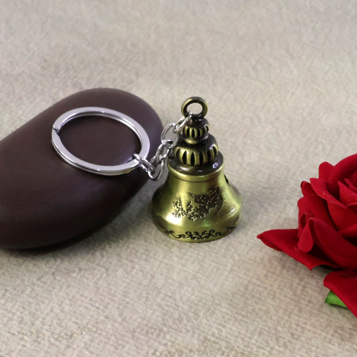 Metal Small Temple Bell Keychain close-up view