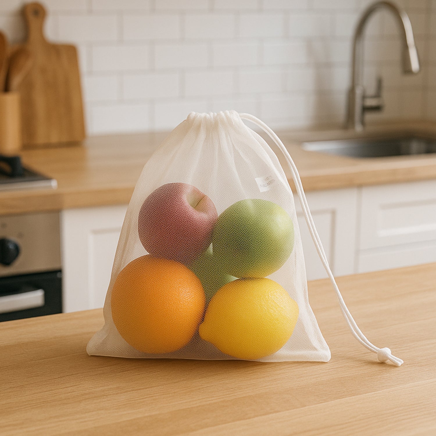 Transparent reusable mesh drawstring bag for fruits and vegetables