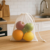 Transparent reusable mesh drawstring bag for fruits and vegetables