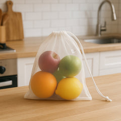 Transparent reusable mesh drawstring bag for fruits and vegetables
