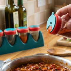 Spice shaker set with clear containers and stand