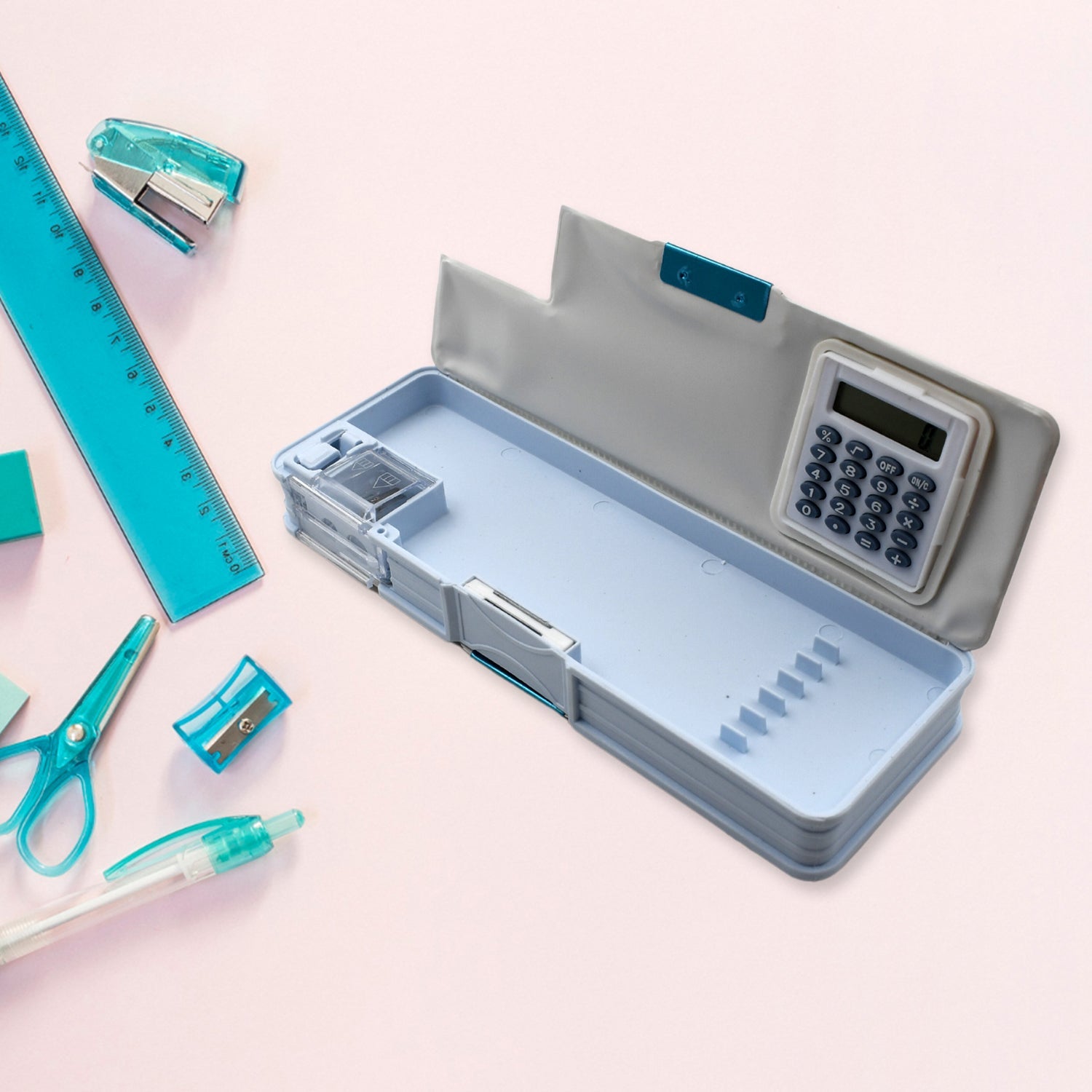 Double sided magnetic geometry box with calculator