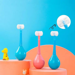 3-sided toothbrush with silicone head and soft bristles for kids aged 2-12.