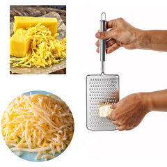 Side view of stainless steel vegetable grater with ergonomic handle