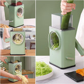 Stainless steel vegetable chopper with multiple interchangeable blades on a kitchen counter