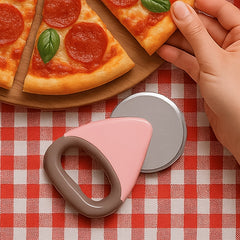 Pizza cutter slicing through crust with stainless steel blade