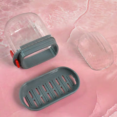 Grey plastic soap box holder for bathroom or kitchen