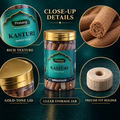 Detailed view of the dhoop stick jar, gold lid, stick texture, and a precise fit holder.