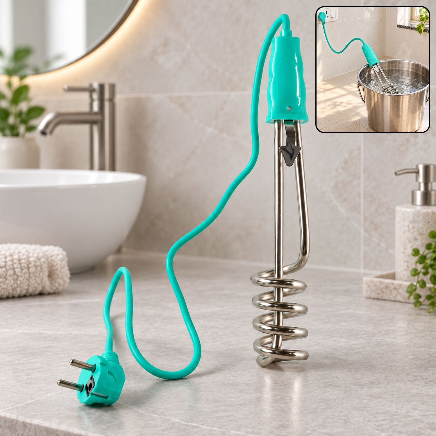 A teal and silver electric immersion water heater rod stands on a bathroom counter, with a small inset showing it in a