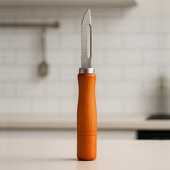 Wooden handle stainless steel vegetable peeler on white background