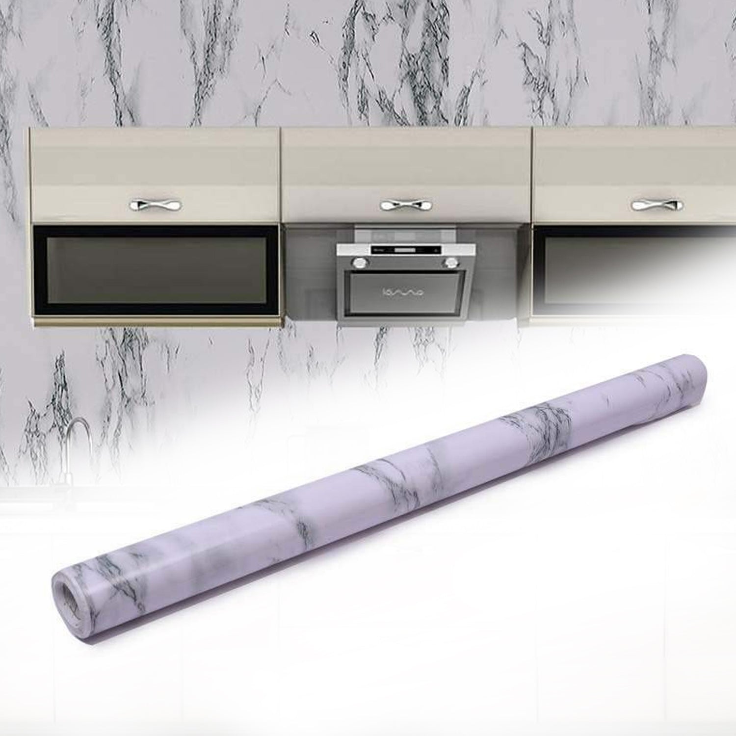Adhesive marble kitchen wallpaper roll with white and grey textures