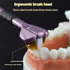 Triple-head toothbrush showing bristles