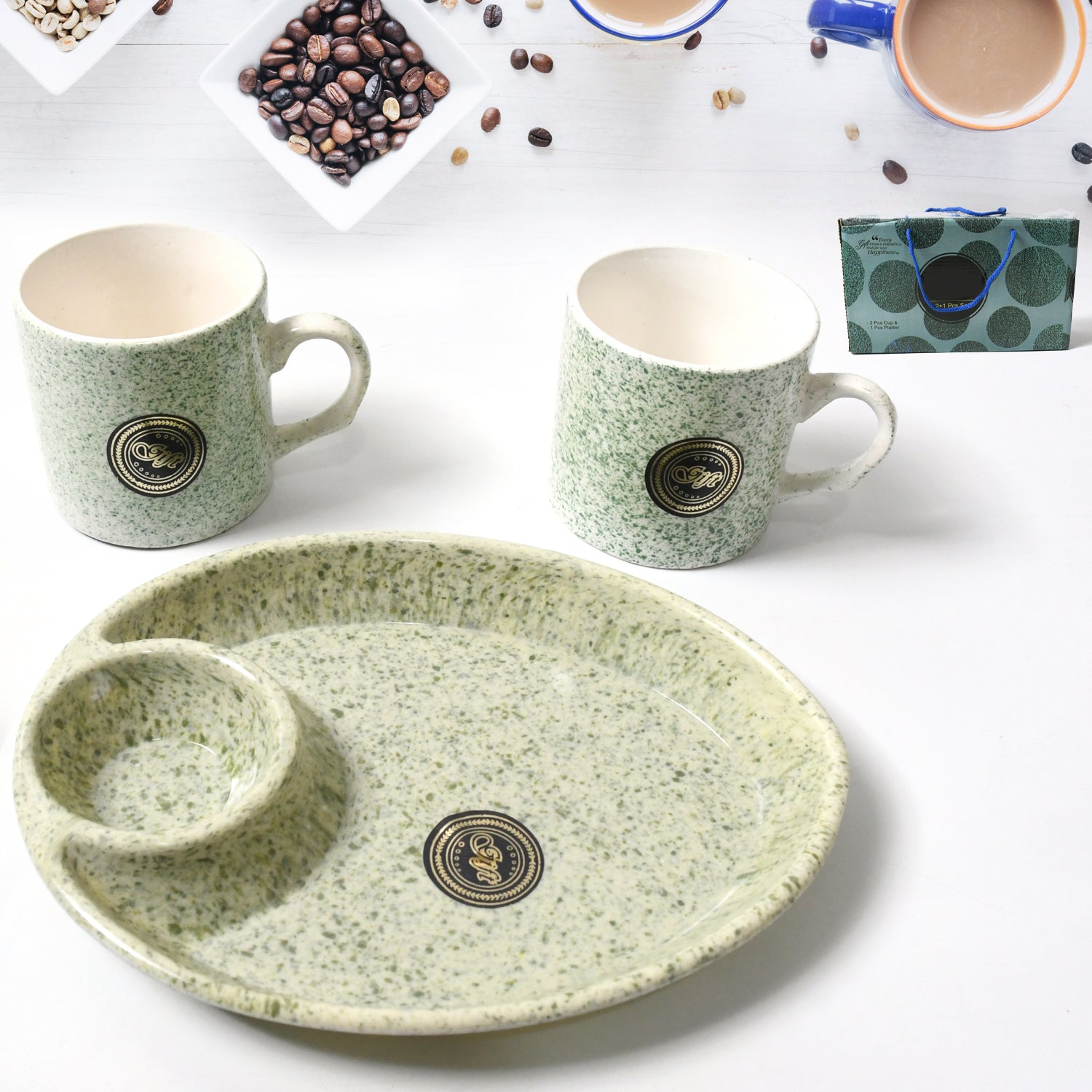 Alpino ceramic tea and coffee cup set with BPA-free 2-compartment serving platter